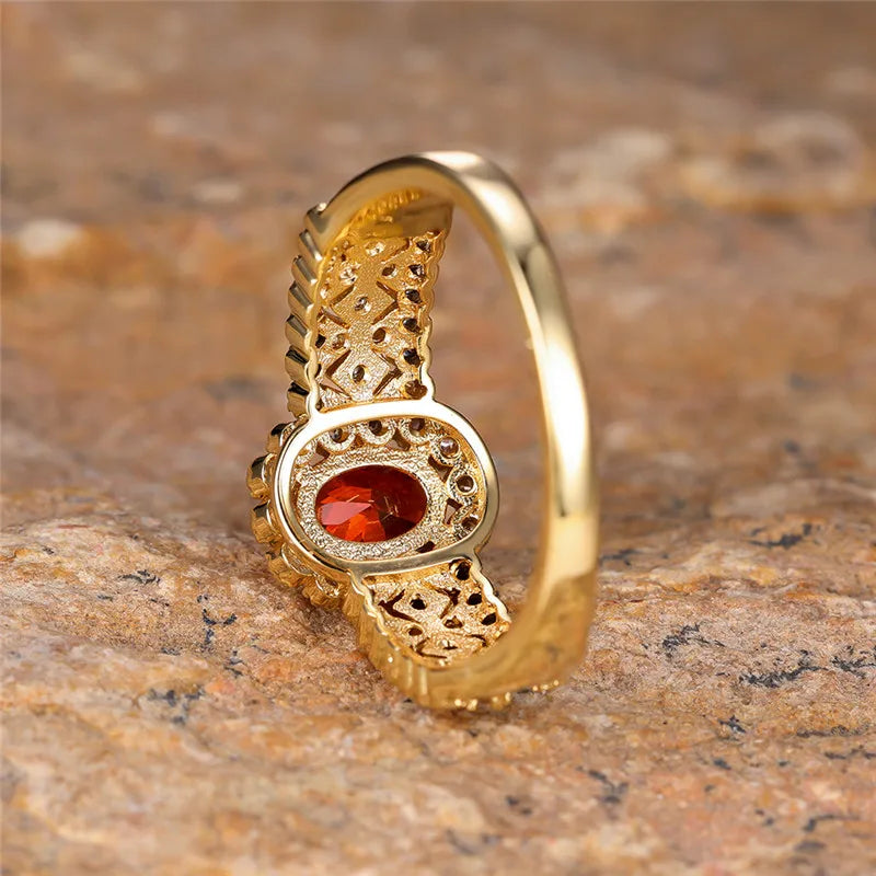 Bague ovale en pierre de cristal rouge, bracelet de fiançailles en Zircon blanc, bagues de mariée de luxe de couleur or jaune pour femmes, bijoux en pierre de naissance de juillet