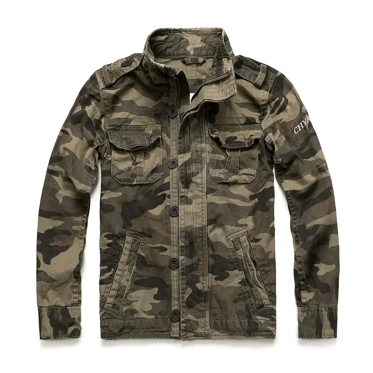 Veste militaire homme en denim – Col roulé, poches pratiques, printemps/automne