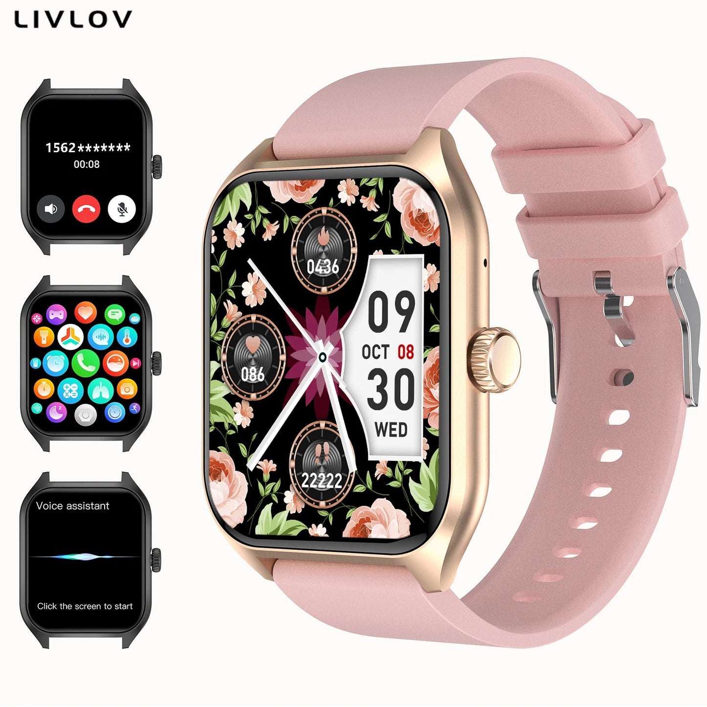 Montre connectée avec assistant vocal AI pour hommes et femmes, écran HD 1.96, suivi des activités avec plus de 100 sports, moniteur de sommeil et de fréquence cardiaque
