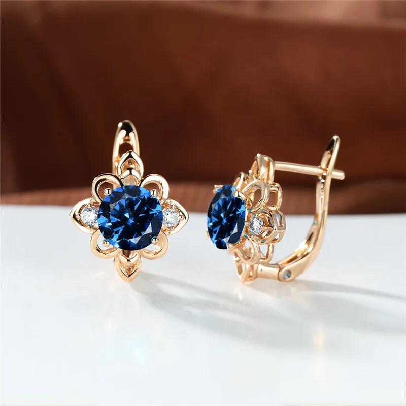 Boucles d'oreilles clip Boho Blue Stone Flower pour femme, document doré, petit cadeau de bijoux de mariage rond