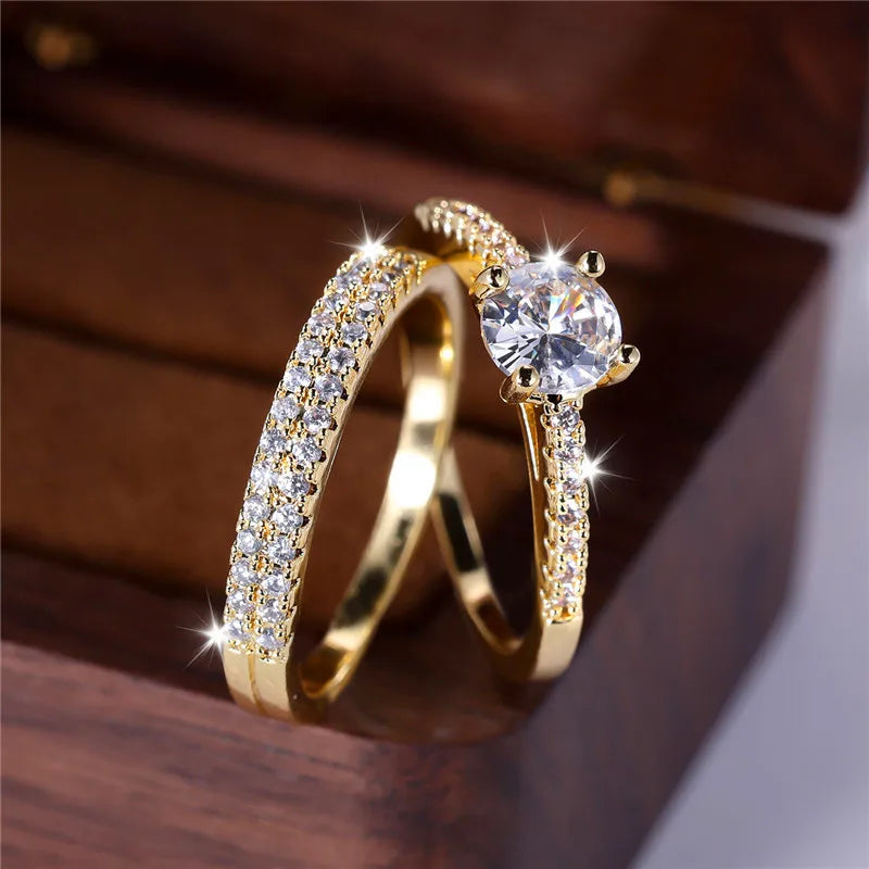 Ensemble de bagues de fiançailles rondes en pierre de Zircon vert cristal pour femmes, bijoux de mariage de luxe couleur or jaune pour femmes