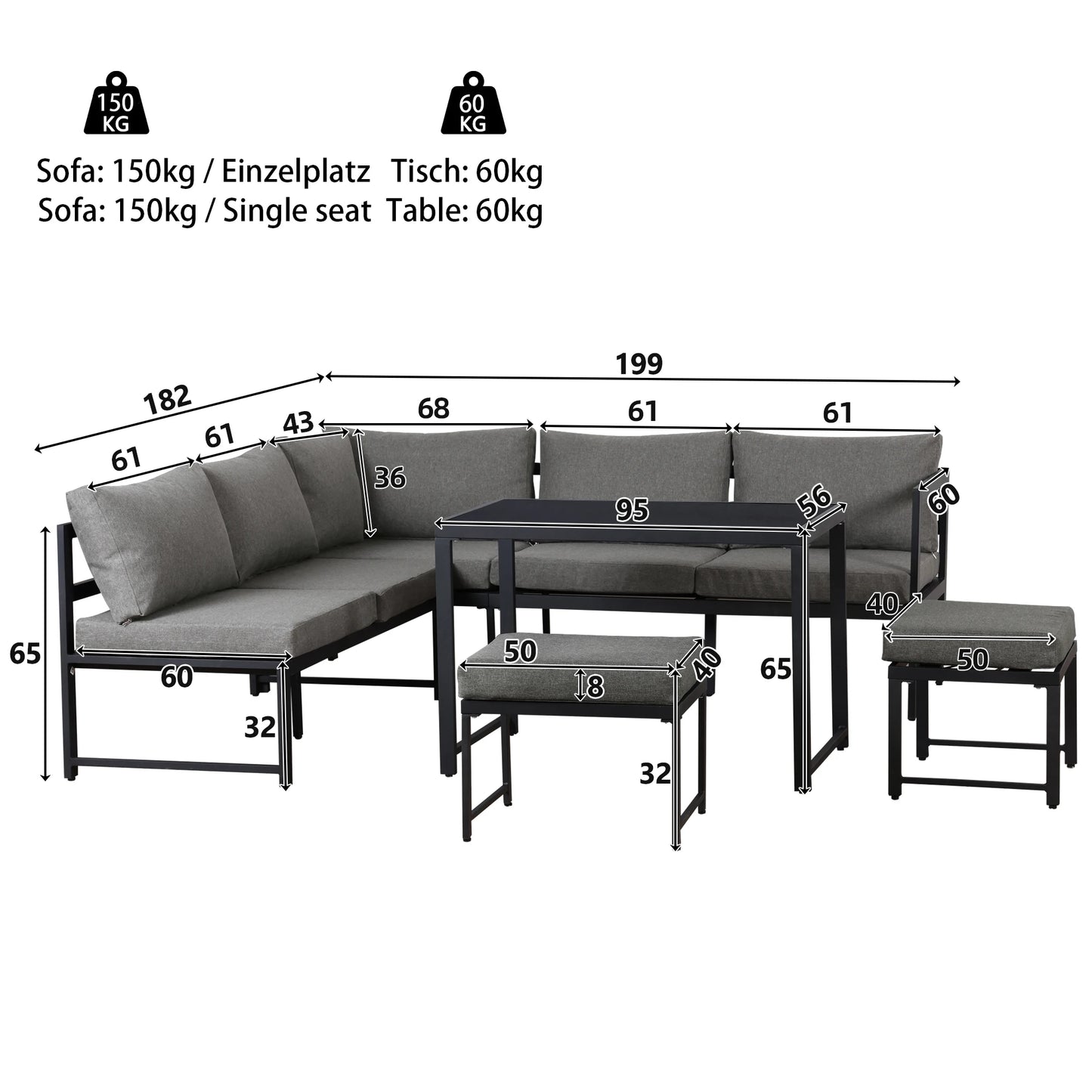 Ensemble canapé et chaise longue d'extérieur, ensemble de sièges en aluminium pour balcon de jardin avec fonction chaise longue