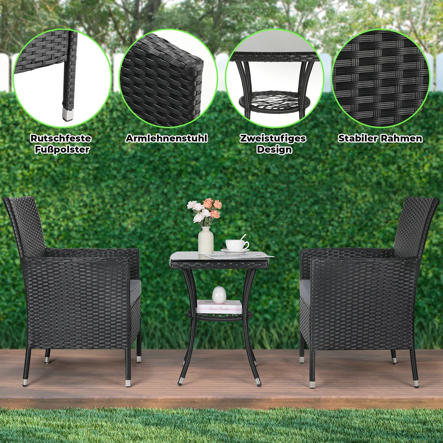 WUNICEF-Ensemble de canapé et bistrot de conversation en rotin, meubles d'extérieur, baume de jardin, table basse et 2 chaises, 3 pièces