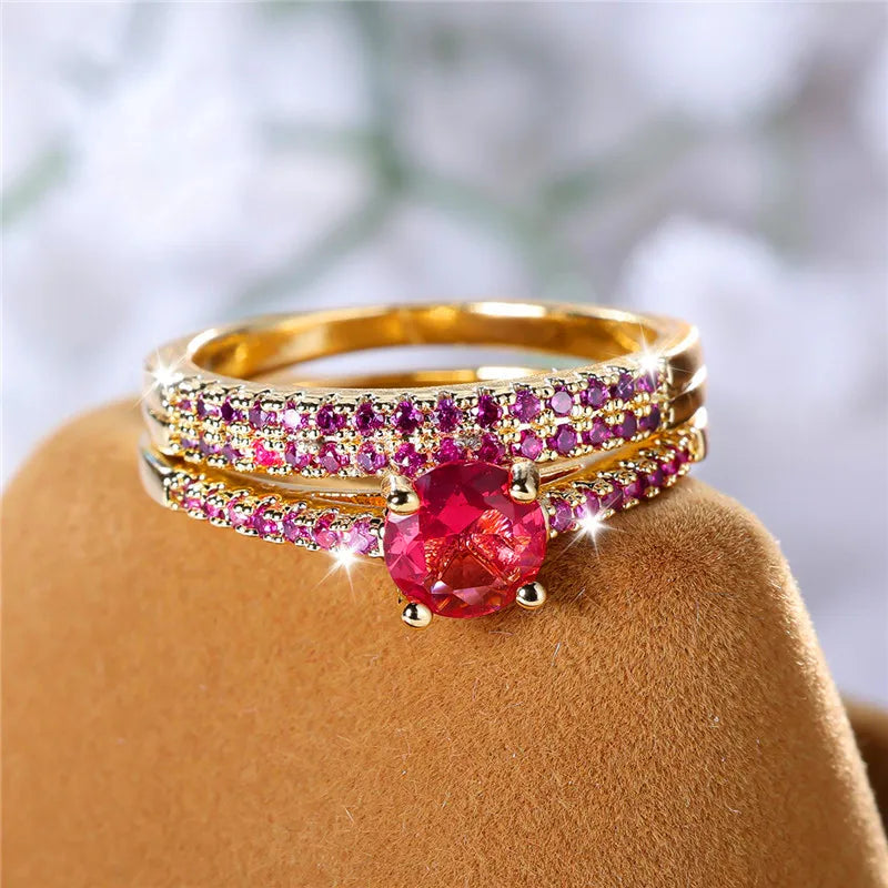 Ensemble de bagues de fiançailles rondes en pierre de Zircon vert cristal pour femmes, bijoux de mariage de luxe couleur or jaune pour femmes