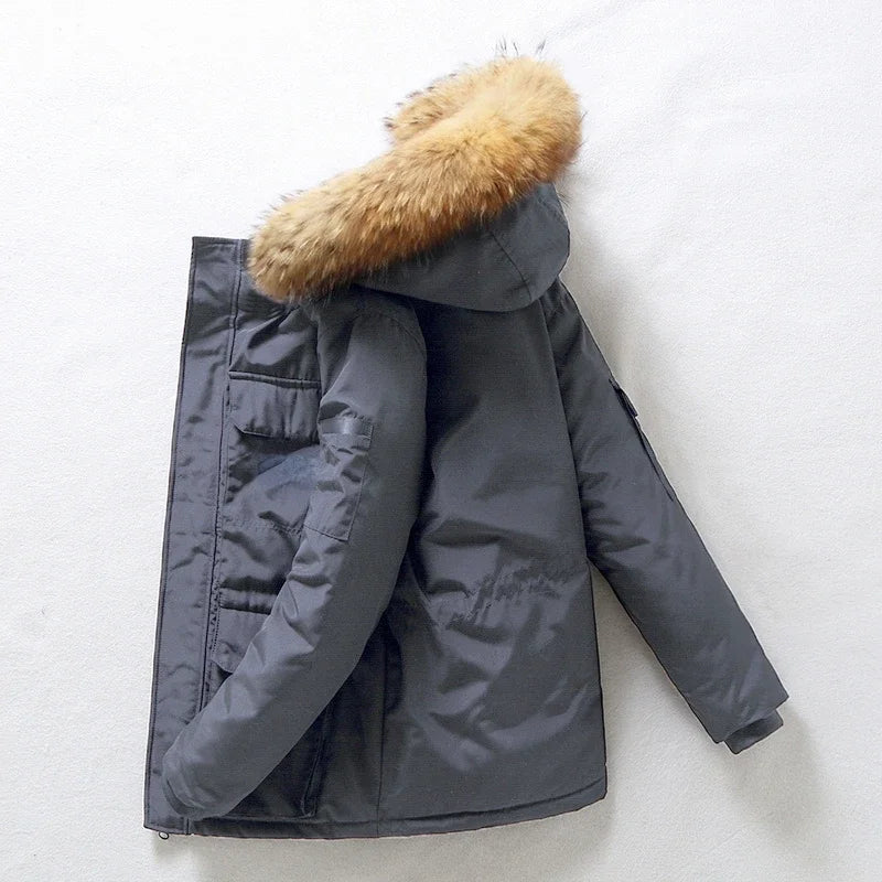 Doudoune de Luxe Homme – Longue, Chaude et Légère, Col en Fourrure Amovible, Hiver
