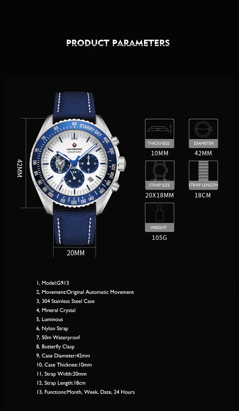 HANBORO Herren-Automatikuhr, Luxusuhren, Militär, mechanische Armbanduhr, 50 m wasserdicht, Nylonarmband, Monat, Woche, Datum, 24 Stunden