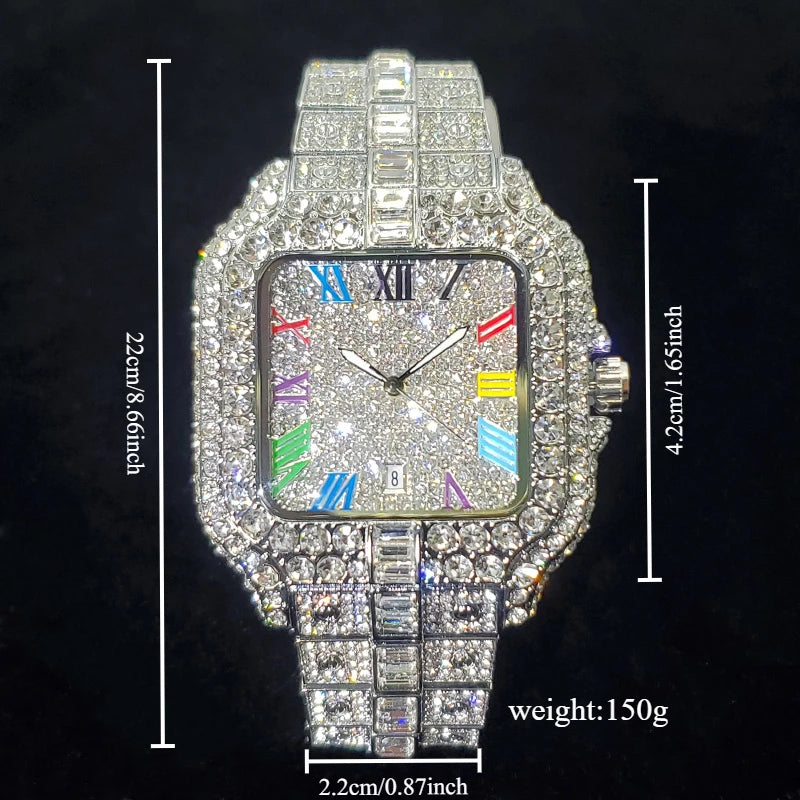 Montre en diamant de luxe pour hommes, montres numérotées colorées carrées glacées, bijoux Hip Hop Bling, Reloj zones bre pour la fête, nouvelle mode, 2025