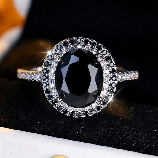 Bagues ovales de luxe en pierre de Zircon noir pour femmes, Vintage, couleur argent, bracelet de mariage, bijoux de mariée, cadeau de fiançailles