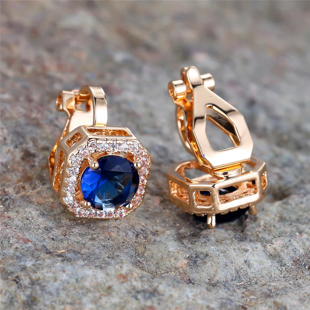 Boucles d'oreilles clip rondes en pierre de cristal pour femmes, bijoux simples, cadeaux de mode, or rose, argent, document blanc, vert, bleu