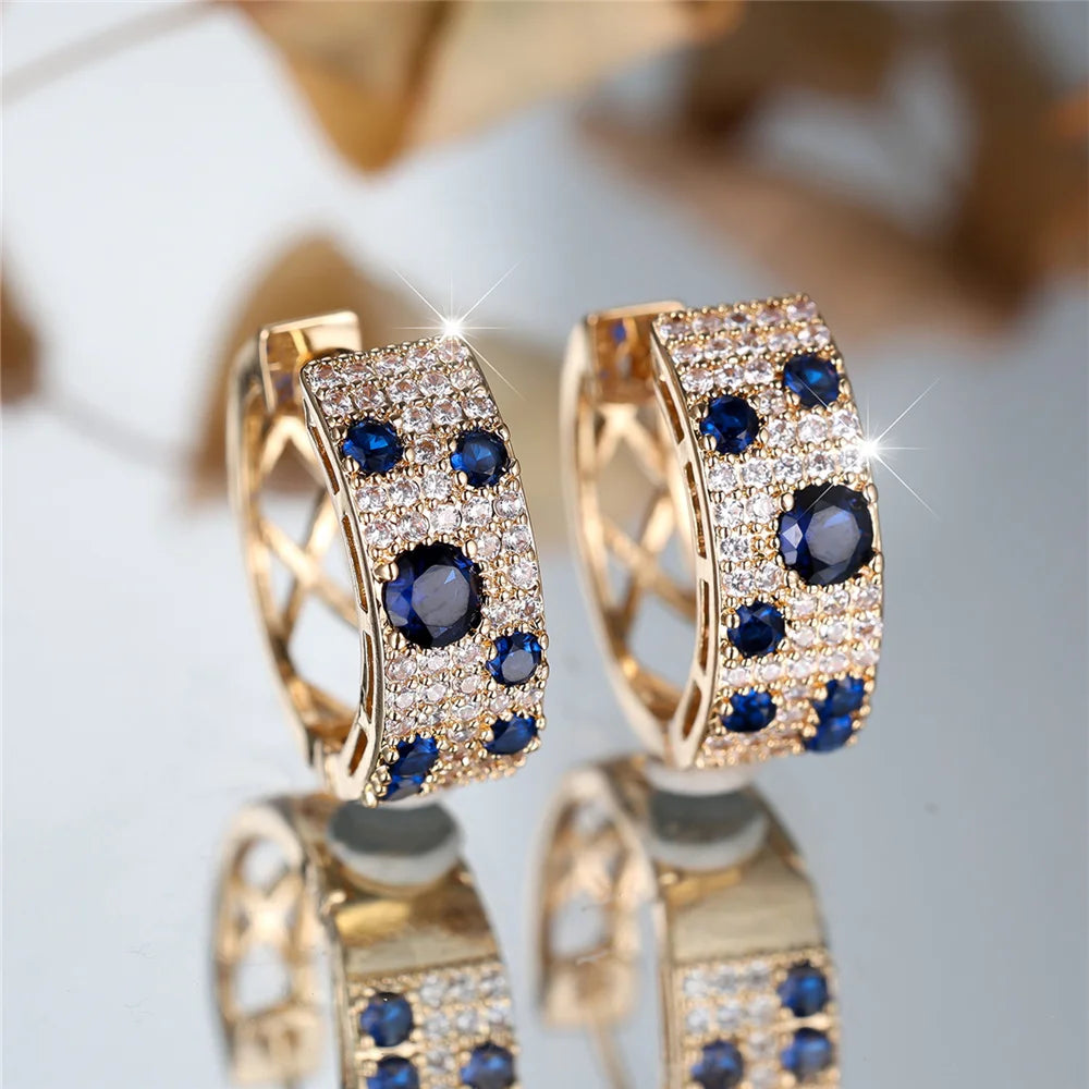 Boucles d'oreilles rondes en pierre de Zircon blanc et bleu pour femmes, bijoux de mariage couleur or à la mode