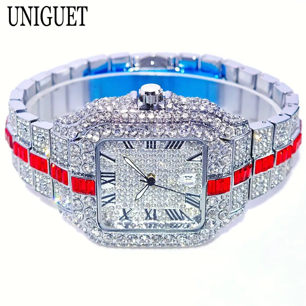 Montres de luxe en diamant rouge pour hommes, marque ummy GUET, Hip Hop, glacé, bling, bijoux, montre-bracelet, mode, étanche, horloges à quartz carrées