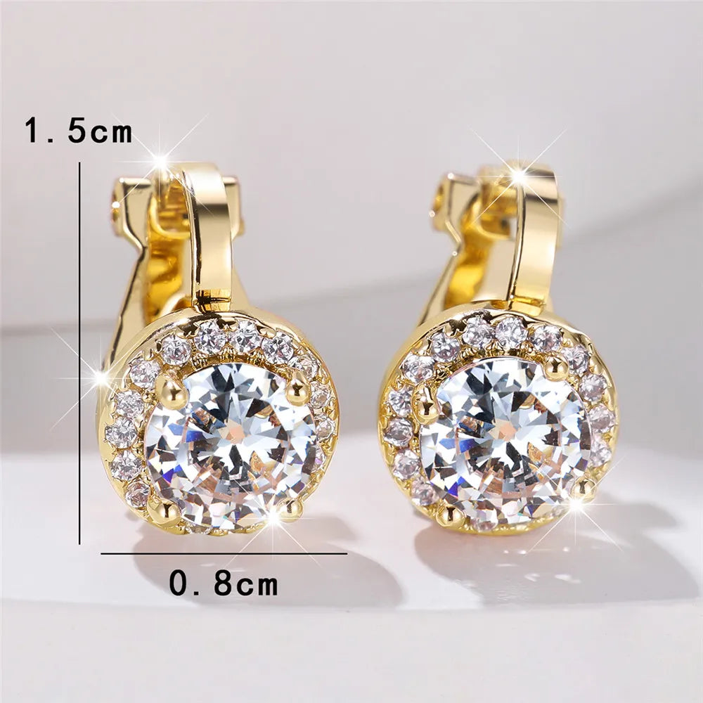 Boucles d'oreilles rondes en pierre de Zircon arc-en-ciel pour femmes, petites boucles d'oreilles à Clip, breloque couleur or jaune, bijoux de mariage pour femmes