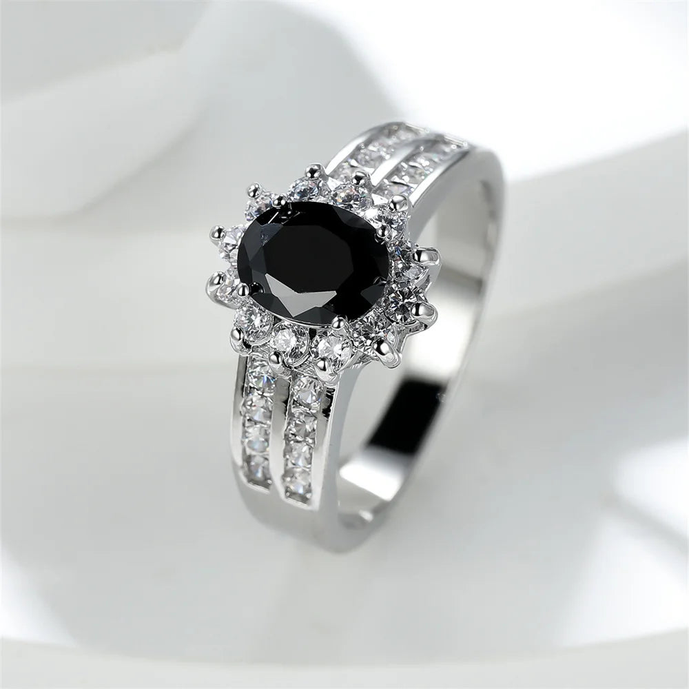 Bagues de fiançailles en pierre naren cristal noir vintage pour femmes, argent carillon, document, bande de mariage, accessoire de bijoux, cadeau de fête des mères