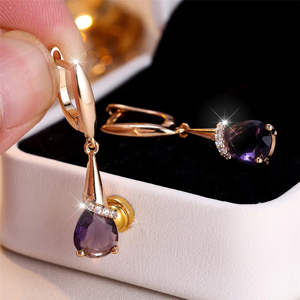 Boucles d'oreilles élégantes en pierre de Zircon violet pour femmes, goutte d'eau, couleur or, mignonnes, style Boho, bijoux de mariage pour femmes