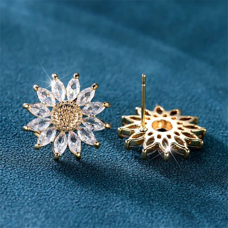 Boucles d'oreilles de luxe en pierre blanche pour femmes, couleur or, bijoux en pierre de Zircon pour femmes, breloque fleur en cristal, boucle d'oreille de mariage