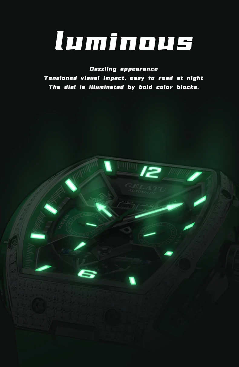 GELATU Men's Watch Hollow Out Skeleton Automatic Watch for Men Silicone Strap Dual Calendar Luxury Original Mechanical Man Watch