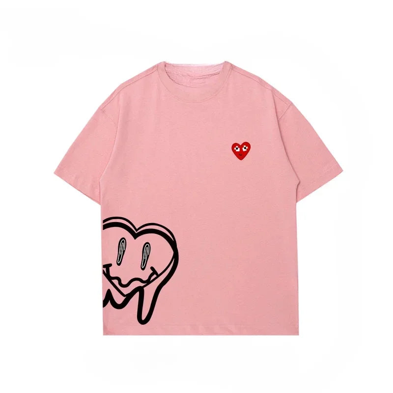 T-shirt femme été coton – Ample, imprimé amour, manches courtes, col rond tendance 2025