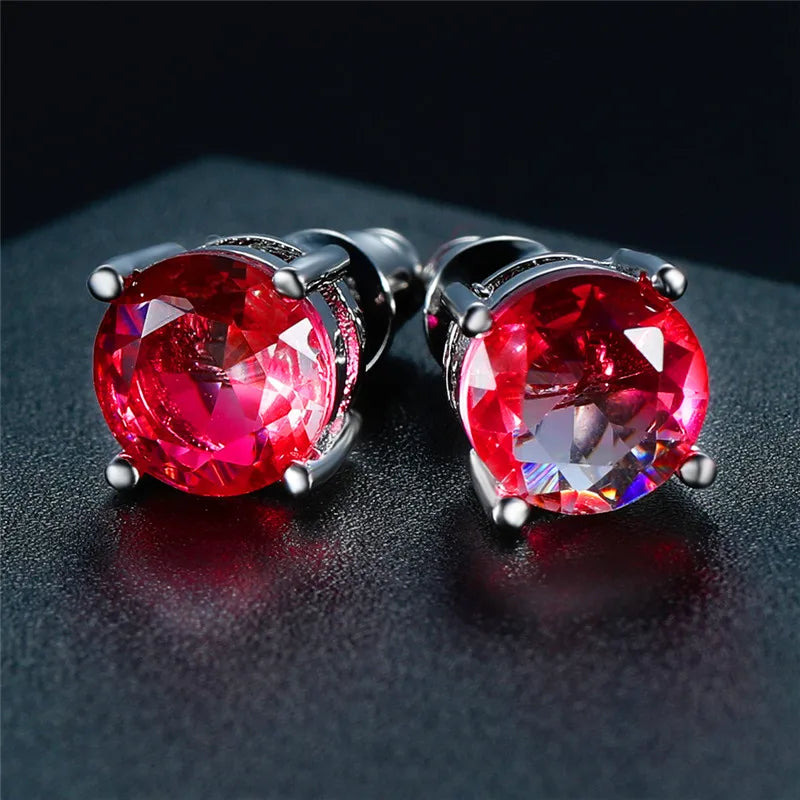 Boucles d'oreilles rondes en cristal rouge vert pour femmes et hommes, bijoux de mariage, arc-en-ciel mystique, feu, bleu, vert, Zircon, Double boucles d'oreilles
