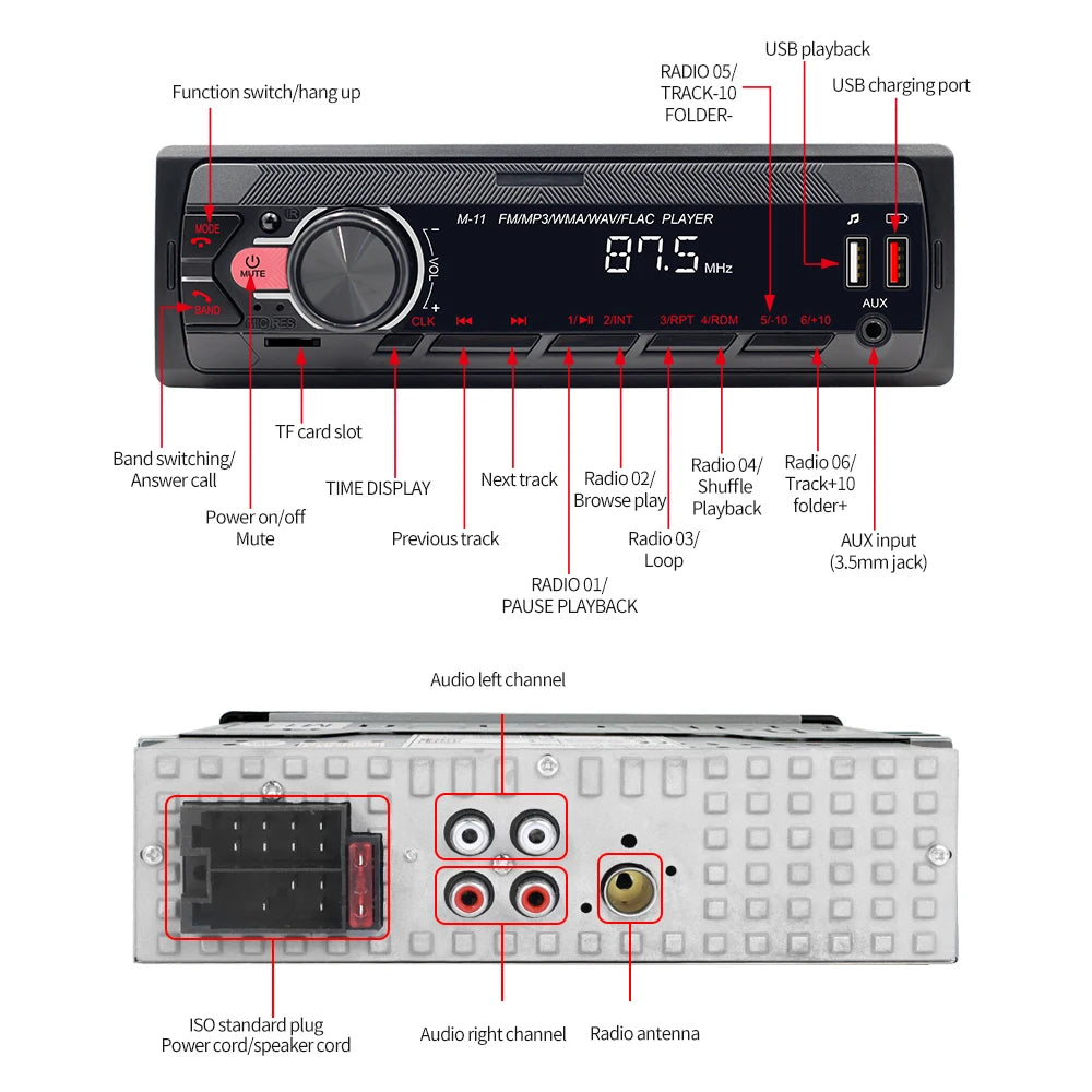 Autoradio Podofo 1DIN Bluetooth USB SD AUX – Lecteur MP3 avec Assistant Vocal
