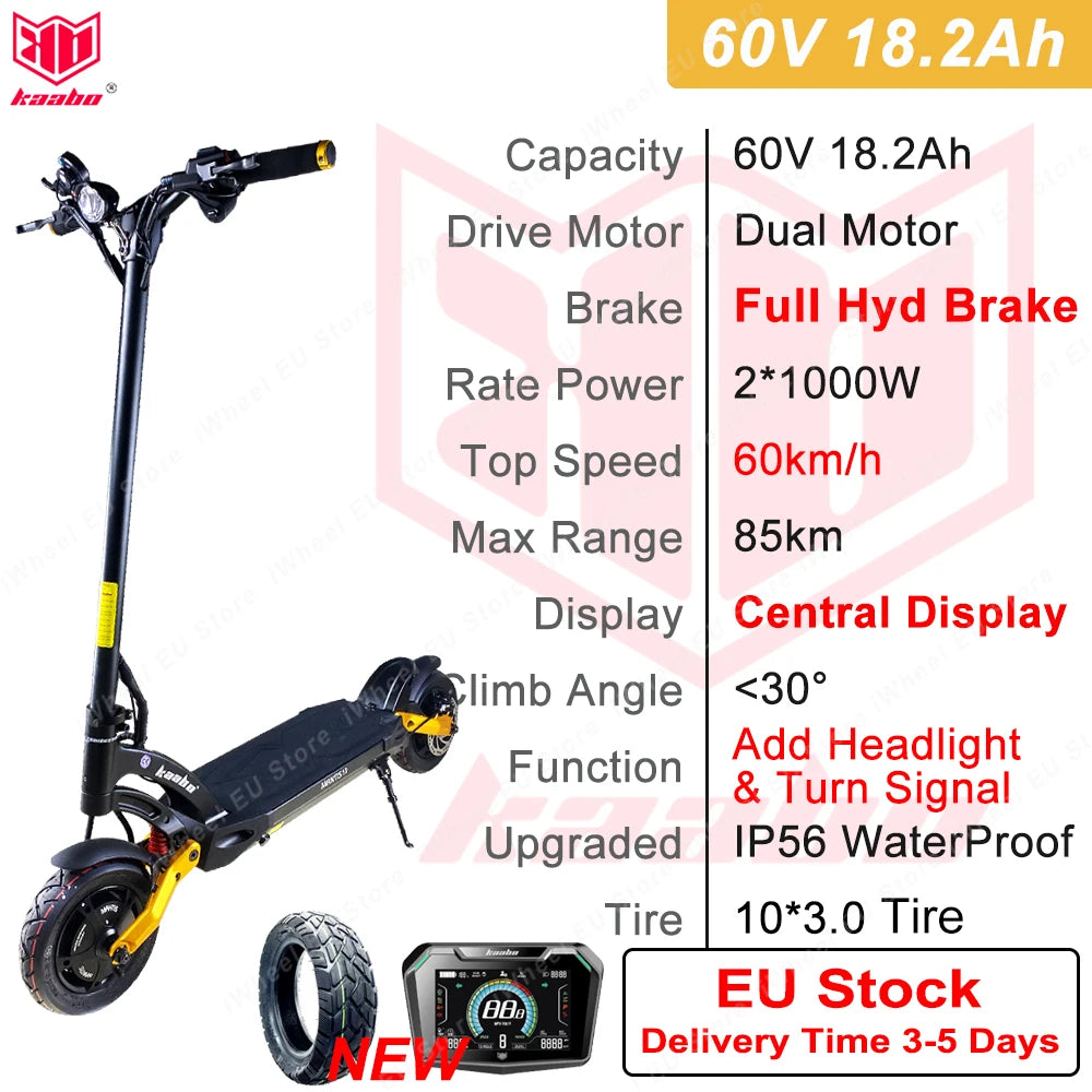 Kaabo Mantis 10 Plus V3 – Trottinette Électrique 60V 18.2Ah | 80 km d’autonomie, 10” Pneus, Freins Hydraulique, Pliable (Stock UE)