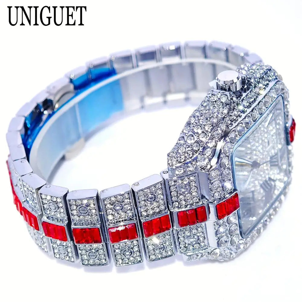 Montres de luxe en diamant rouge pour hommes, marque ummy GUET, Hip Hop, glacé, bling, bijoux, montre-bracelet, mode, étanche, horloges à quartz carrées