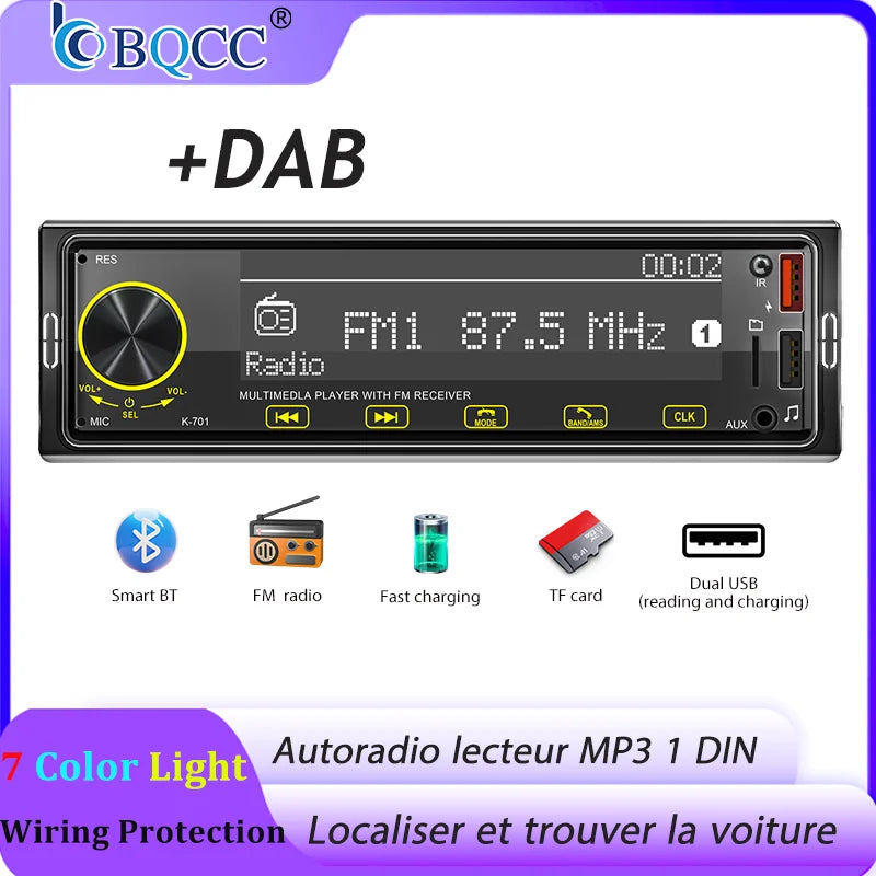 Autoradio BQCC 1DIN MP3 avec Radio DAB – Écran Tactile 2,5", Audio Puissant et Multi-Formats