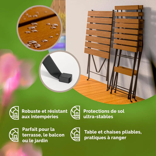Ensemble de meubles de balcon, 1 table et 2 chaises pliantes en bois d'acacia pour l'extérieur, ensemble de meubles de patio de jardin