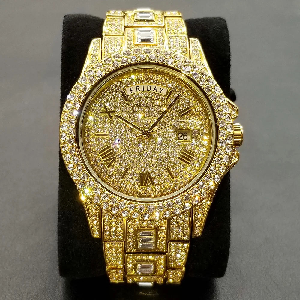 TikTok montre-bracelet en diamant pour hommes de luxe plaqué or 18 carats montres à quartz jour Date discothèque montre de fête unisexe rappeur bijoux