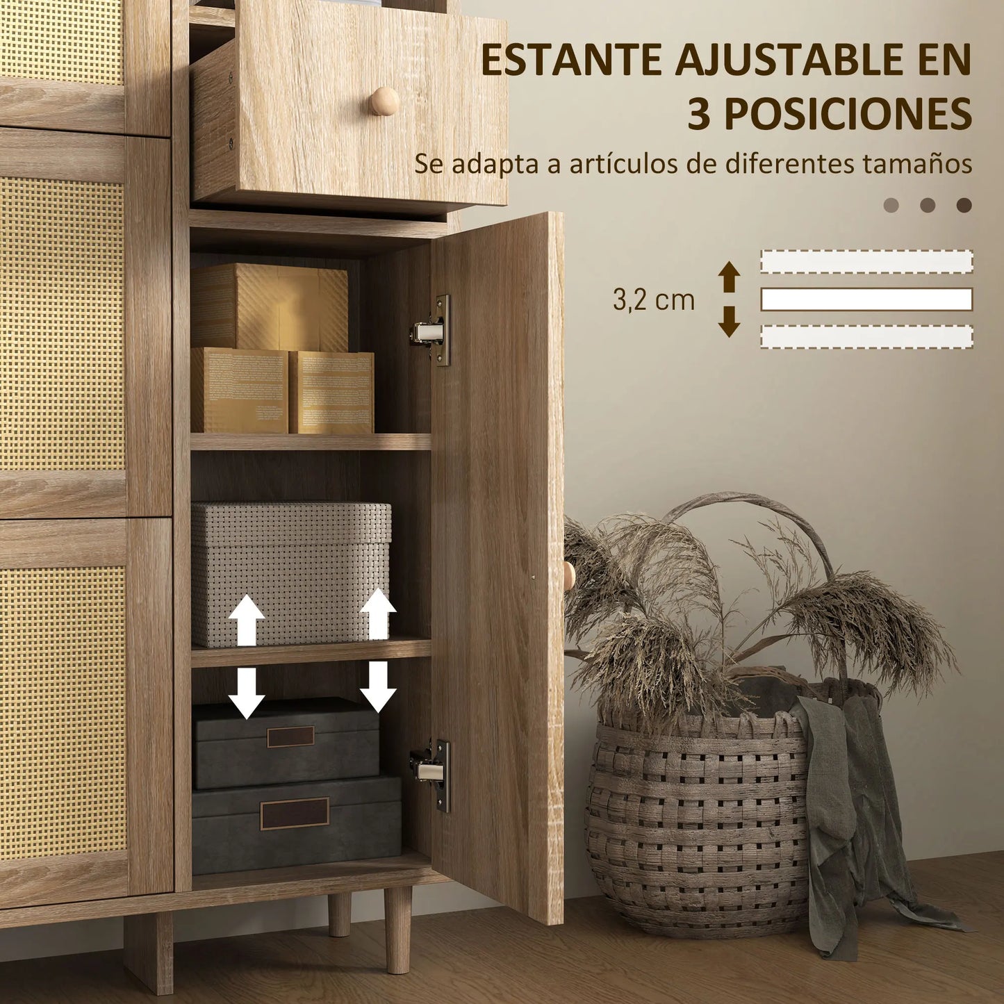 Meuble à chaussures pliant MCOM, meuble de salle de bain à 3 tiroirs avec fronts en rotin chêne
