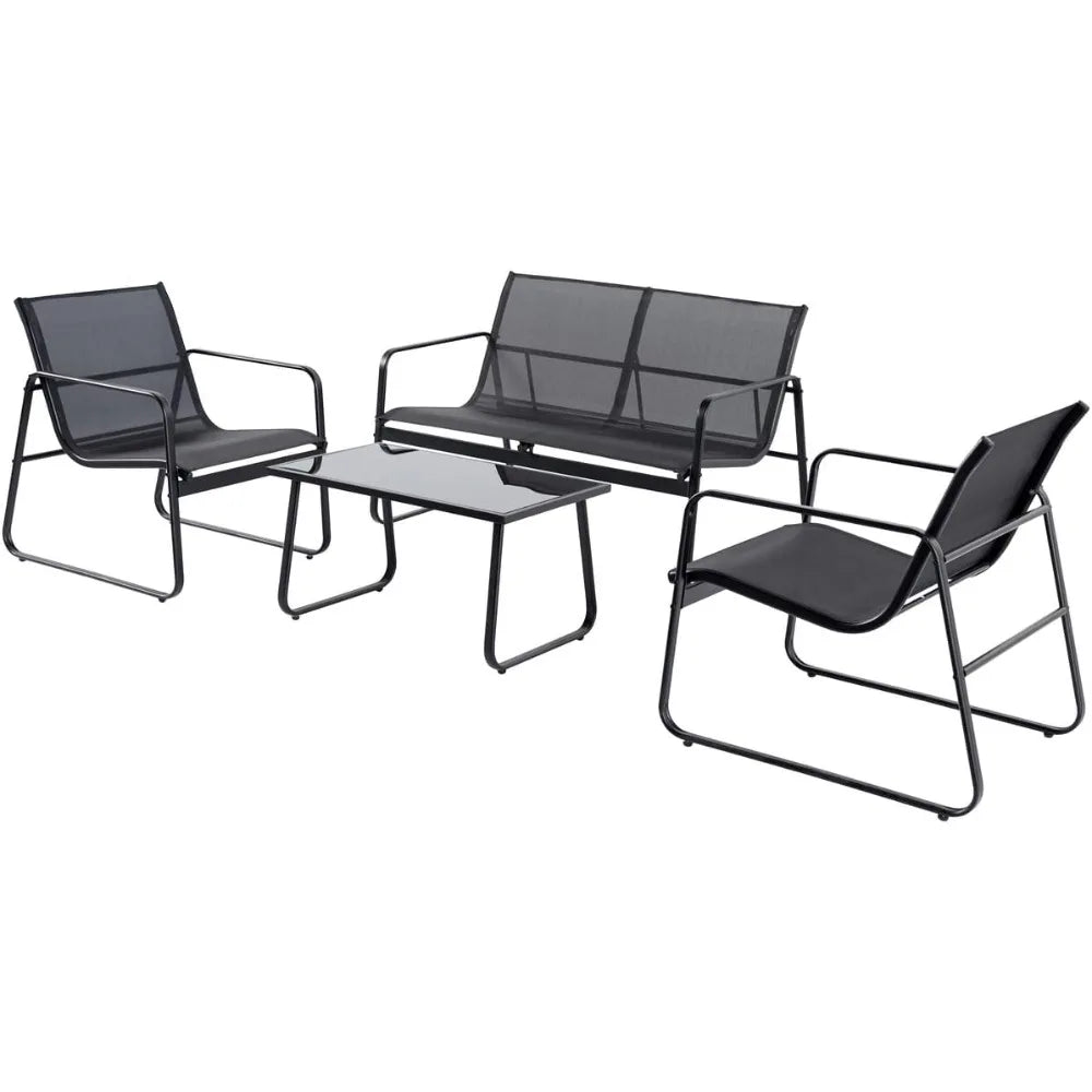 Salon de jardin 4 places en métal noir | 1 canapé + 2 fauteuils + 1 table basse | Dessus en verre trempé de 5 mm | Structures en acier