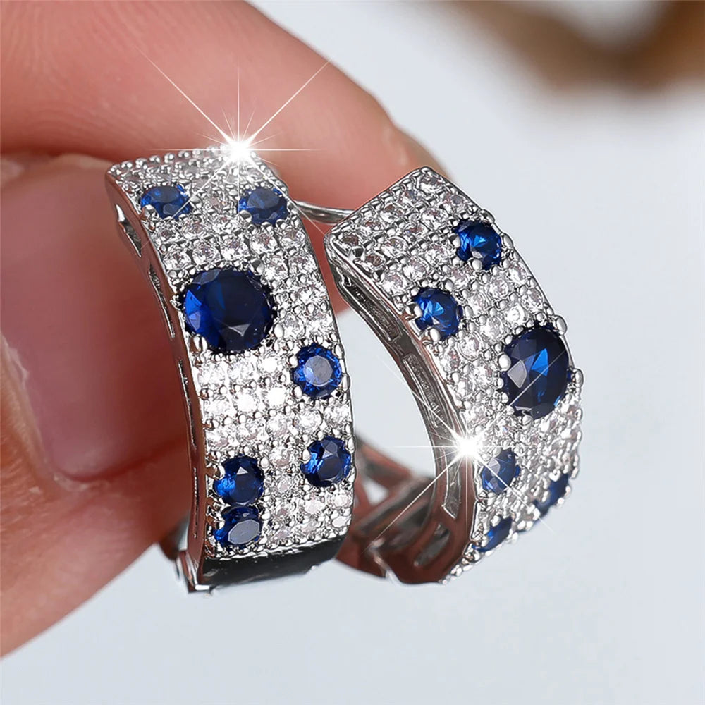 Boucles d'oreilles rondes en pierre de Zircon blanc et bleu pour femmes, bijoux de mariage couleur or à la mode