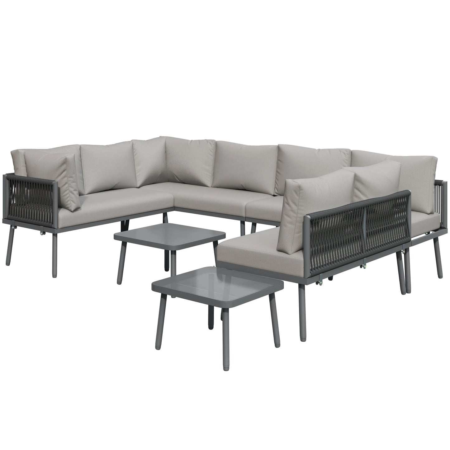 Canapé d'angle extérieur résistant aux intempéries, mobilier de patio extérieur, dormez 8, avec 2 tables et 4 sièges d'amour, coussins inclus
