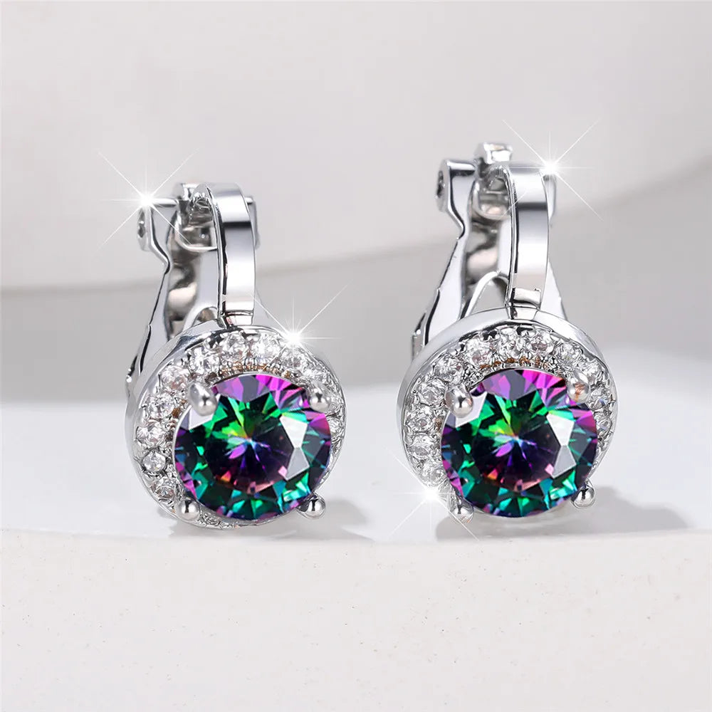 Boucles d'oreilles rondes en pierre de Zircon arc-en-ciel pour femmes, petites boucles d'oreilles à Clip, breloque couleur or jaune, bijoux de mariage pour femmes