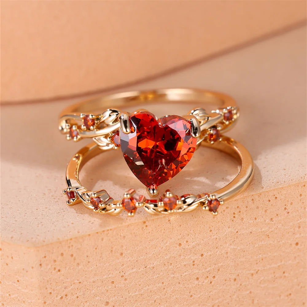 Ensemble de bagues en forme de cœur pour femmes, bleu Royal, vert, noir, rouge, couleur or Rose, Zircon blanc, bandes de mariage, bijoux pour la fête des mères