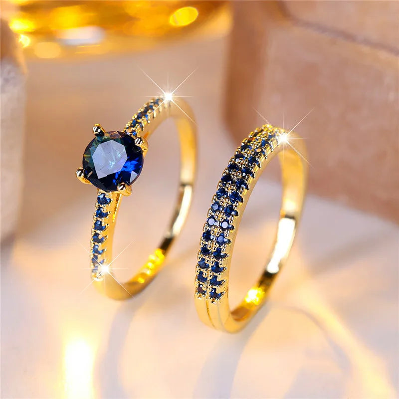 Ensemble de bagues de fiançailles rondes en pierre de Zircon vert cristal pour femmes, bijoux de mariage de luxe couleur or jaune pour femmes