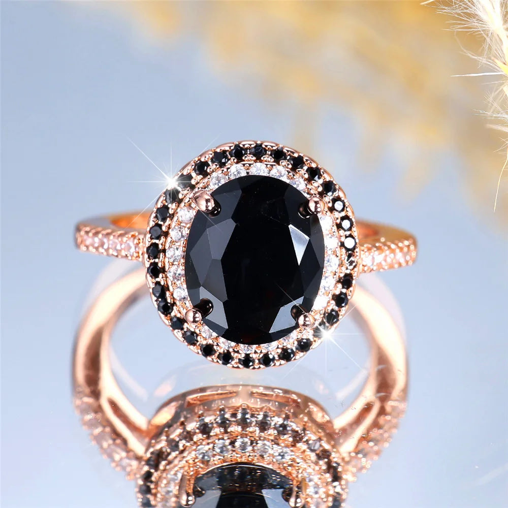 Bagues ovales de luxe en pierre de Zircon noir pour femmes, Vintage, couleur argent, bracelet de mariage, bijoux de mariée, cadeau de fiançailles