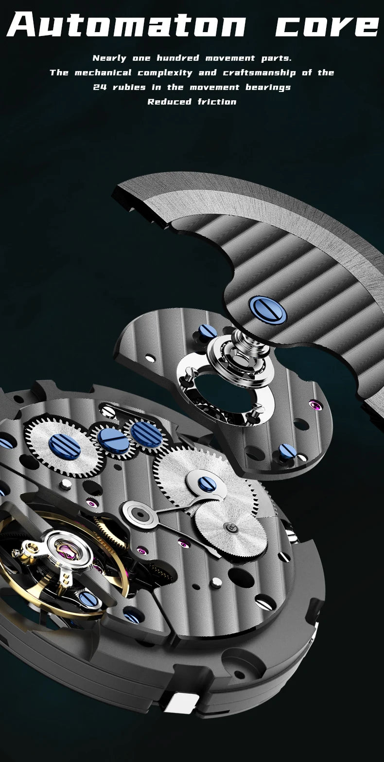 GELATU Men's Watch Hollow Out Skeleton Automatic Watch for Men Silicone Strap Dual Calendar Luxury Original Mechanical Man Watch