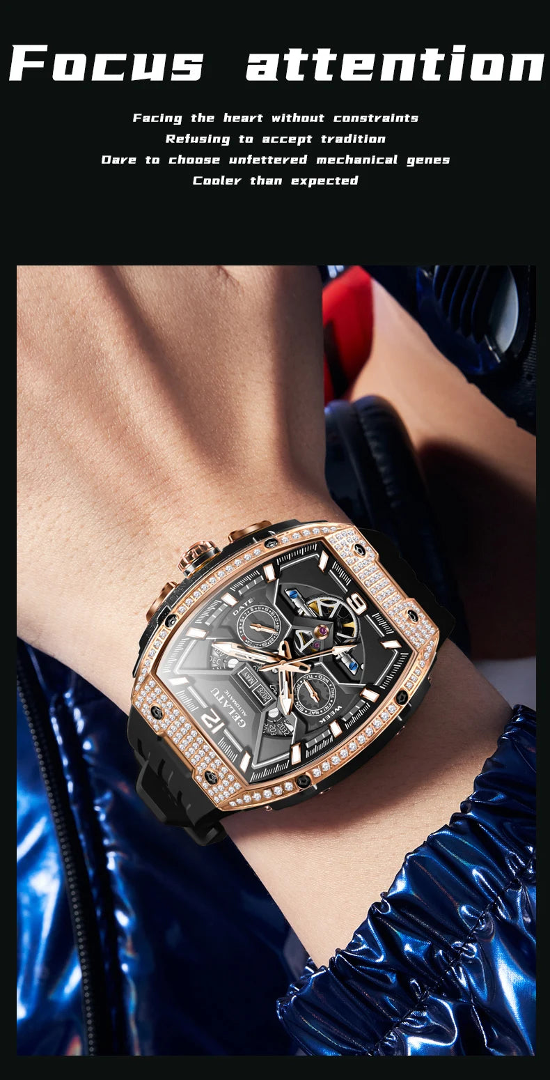 GELATU Men's Watch Hollow Out Skeleton Automatic Watch for Men Silicone Strap Dual Calendar Luxury Original Mechanical Man Watch