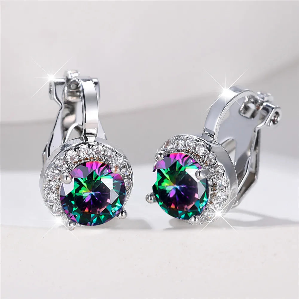 Boucles d'oreilles rondes en pierre de Zircon arc-en-ciel pour femmes, petites boucles d'oreilles à Clip, breloque couleur or jaune, bijoux de mariage pour femmes