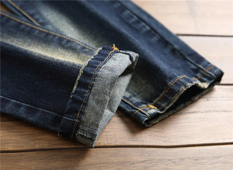 Men Jeans Streetwear Ripped Denim Pants Trend Trousers Hole Ruined Casual Biker Destroyed Regular Straight