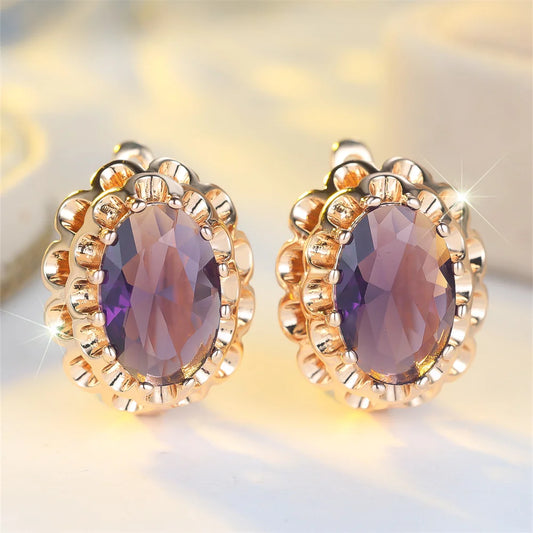 Boucles d'oreilles ovales en Zircon violet pour femmes, jolies fleurs, Vintage, couleur or, boucle d'oreille, bijoux de mariage, cadeaux polyvalents
