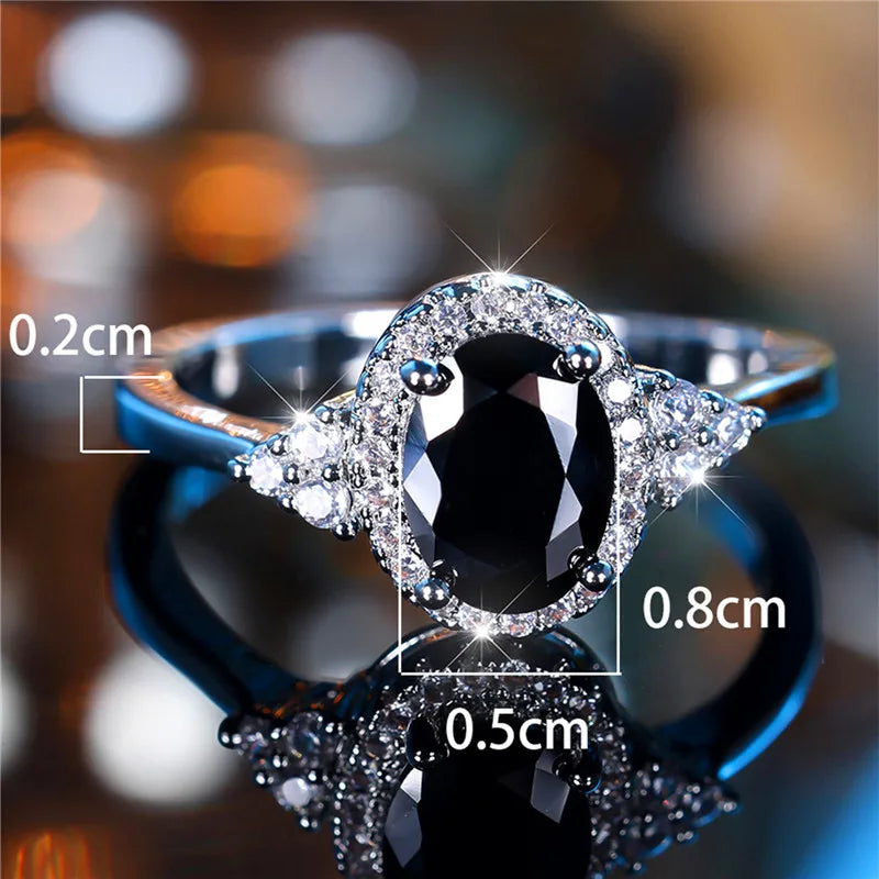 Bague de fiançailles en pierre de Zircon ovale noir pour femme, mignon, tendance, couleur argent, bijoux de mariée, cadeau pour femmes