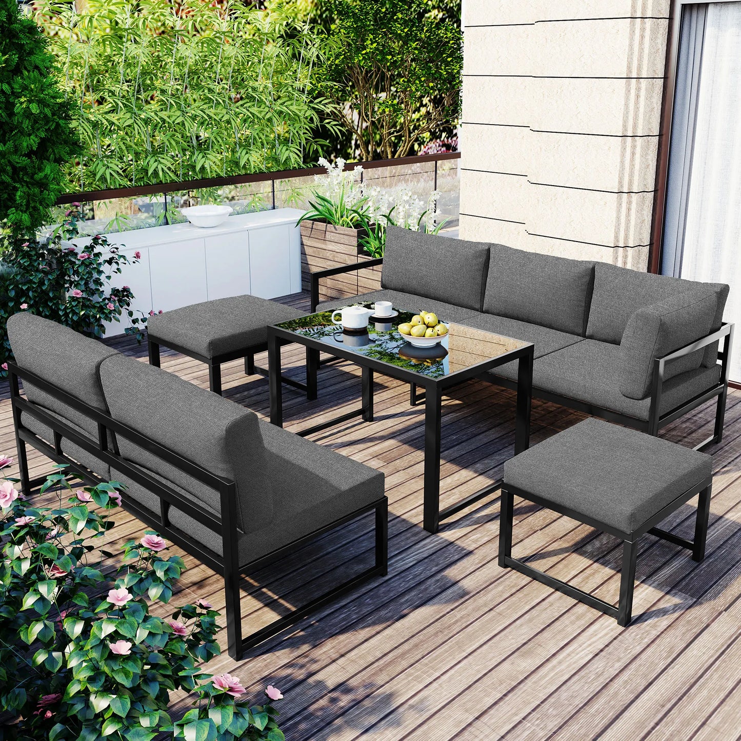 Ensemble canapé et chaise longue d'extérieur, ensemble de sièges en aluminium pour balcon de jardin avec fonction chaise longue