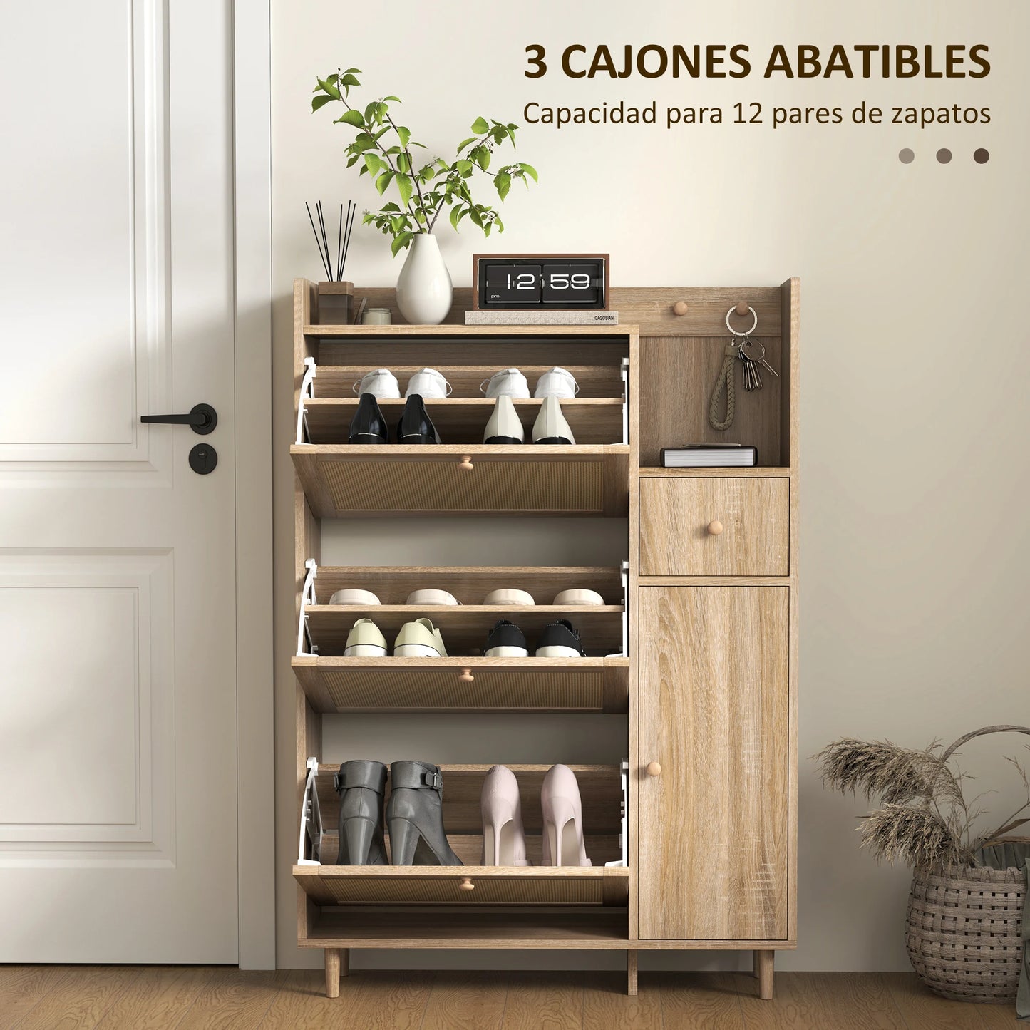 Meuble à chaussures pliant MCOM, meuble de salle de bain à 3 tiroirs avec fronts en rotin chêne
