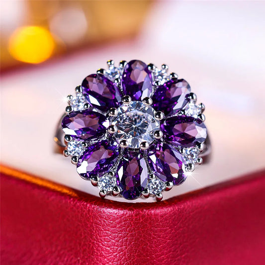 Bague de fiançailles de luxe en cristal violet pour femmes, fleur de soleil, Vintage, couleur argent, bijoux de mariage pour femmes