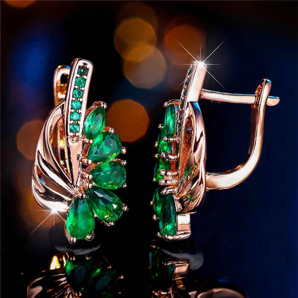 Boucles d'oreilles clip en pierre pour femme, bijoux de mariage, breloque, document doré, couleur verte, luxe