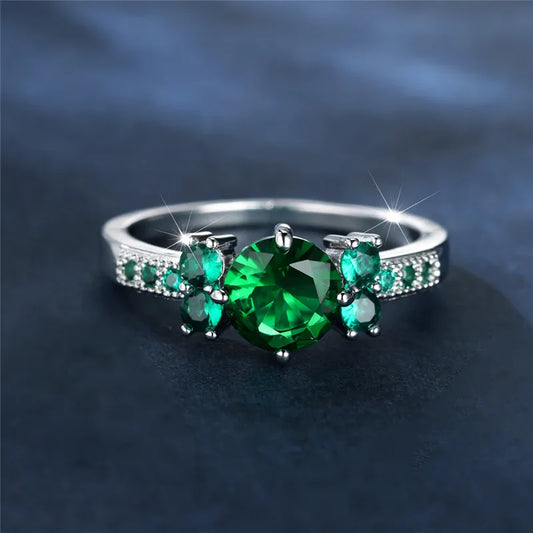 Green Zunderes-Bague de fiançailles en pierre ronde pour femme, cristal de luxe, pierre de naissance de mai, matiques fines, vintage, bijoux de mariage, document en argent