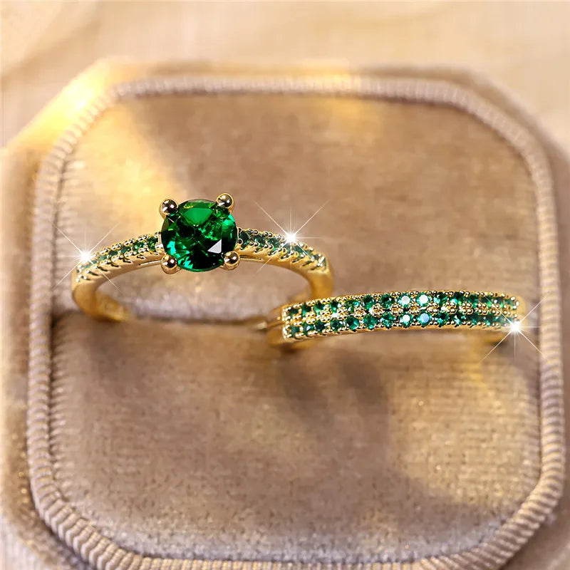 Ensemble de bagues de fiançailles rondes en pierre de Zircon vert cristal pour femmes, bijoux de mariage de luxe couleur or jaune pour femmes
