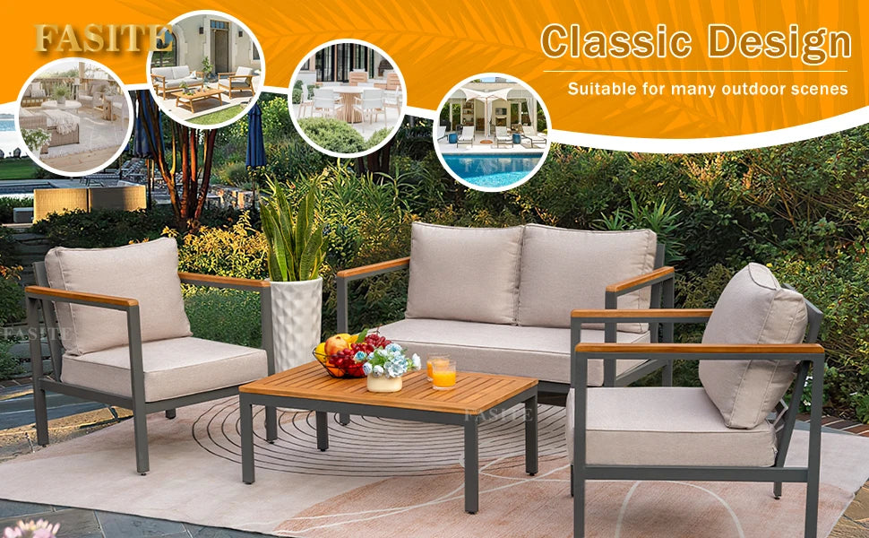 Ensemble de Conversation de salon de Patio, meubles 4 pièces, accoudoir et plateau de Table en bois massif, coussin imperméable épais Anti-chute, Beige