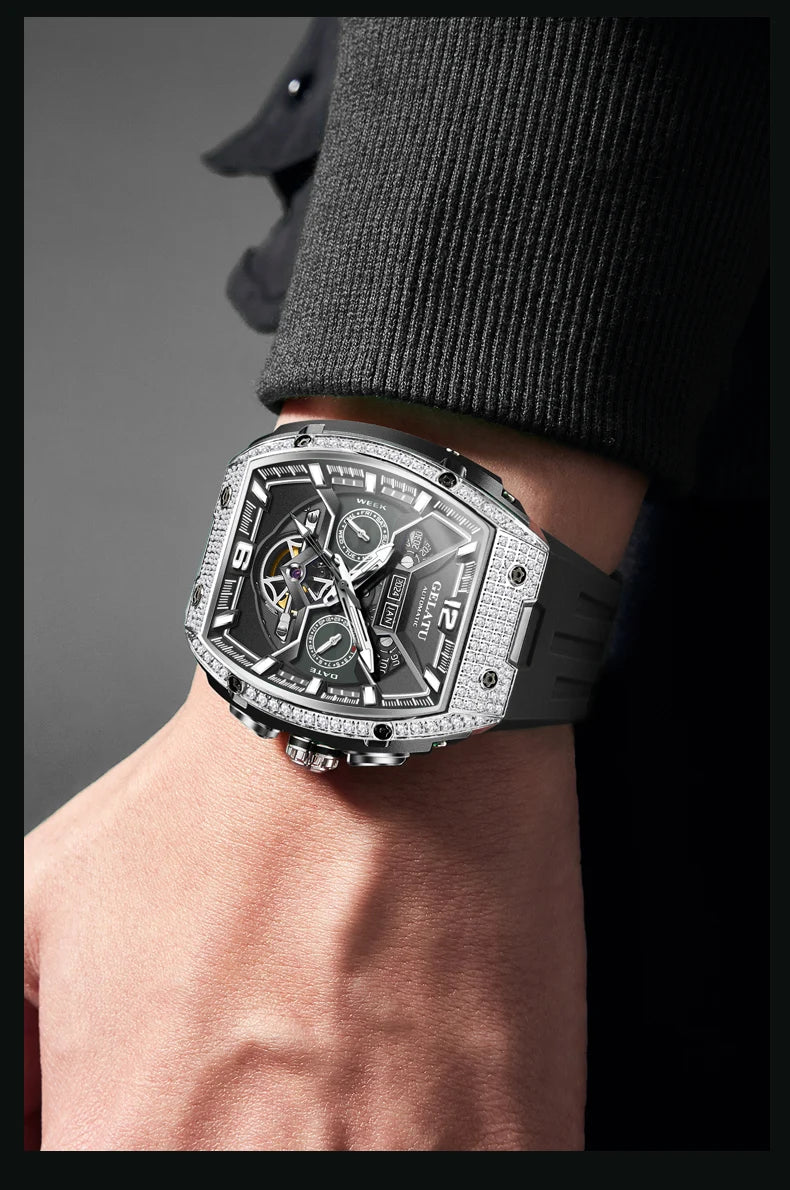 GELATU Men's Watch Hollow Out Skeleton Automatic Watch for Men Silicone Strap Dual Calendar Luxury Original Mechanical Man Watch